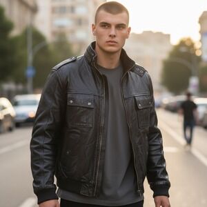 VTG Vilanto Mens Genuine Leather Bomber Jacket 3XL Black Military Style Full Zip